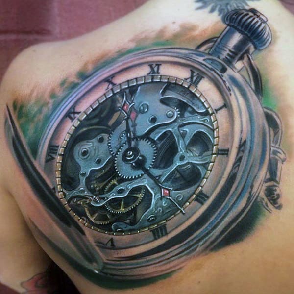 Back Old School Clock Tattoo For Men