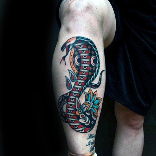 Old School Colorful Traditional Leg Cobra Snake Tattoo For Men