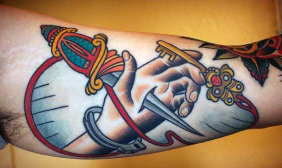 Old School Dagger And Key Tattoo For Men On Bicep