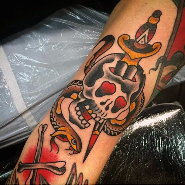 Old School Dagger Skull And Snake Mens Traditional Forearm Tattoos