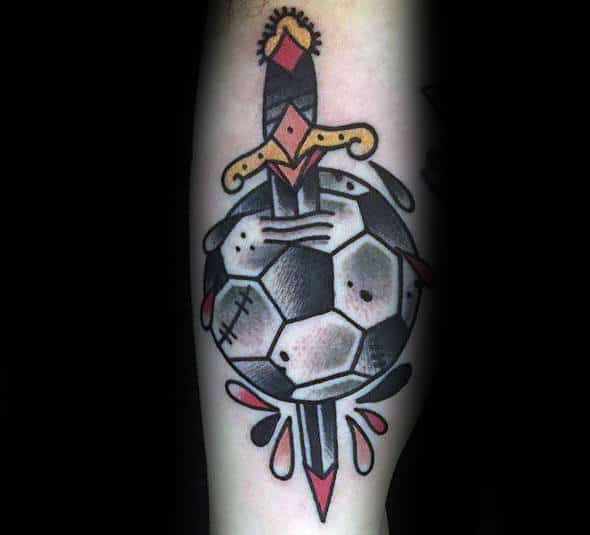 Old School Dagger Through Soccerball Mens Tattoo