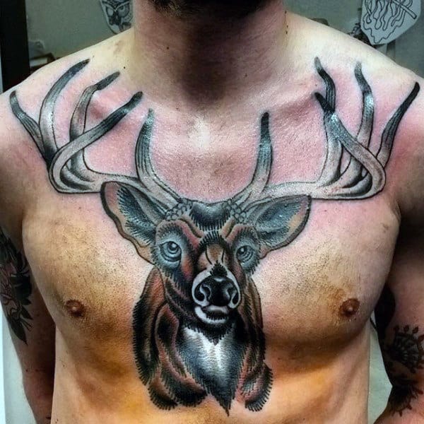 Old School Deer Tattoo On Mans Chest