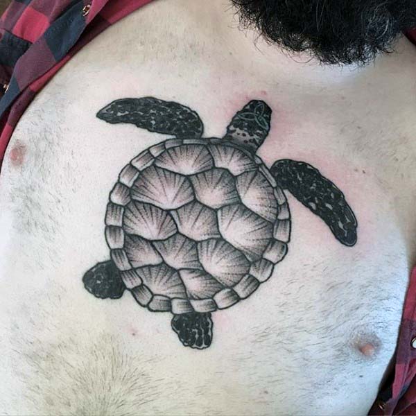 Old School Dotwork Mens Turtle Chest Tattoos