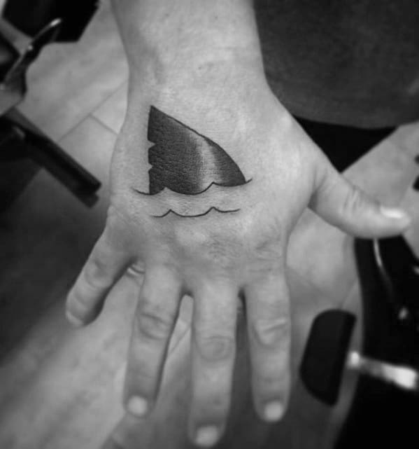 Old School Guys Black Ink Traditional Hand Shark Fin Tattoo