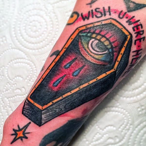 Old School Guys Coffin Tattoo With Wish You Were Here Words