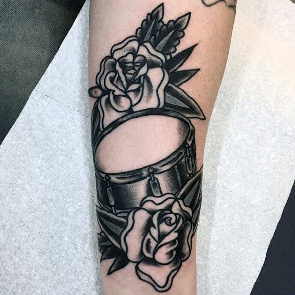 Old School Guys Drum Tattoo With Rose Flowers