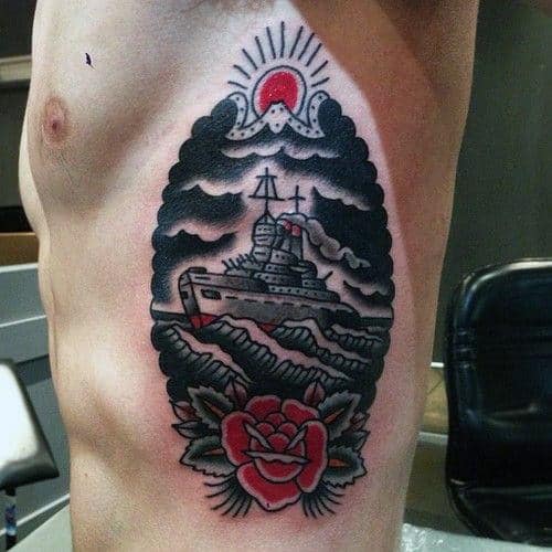 Old School Guys Rib Cage Navy Ship With Rose Flower Rib Cage Tattoos