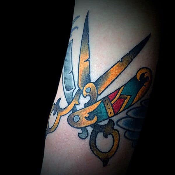Old School Guys Scissor Gold Ink Tattoo Design Ideas