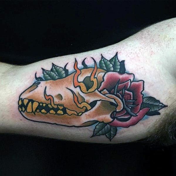 Old School Guys Wolf Skull Red Rose Flower Tattoo On Inner Arm Bicep