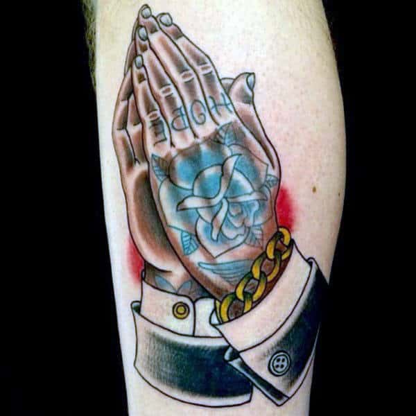 Old School Hands Praying Male Hope Tattoo On Leg