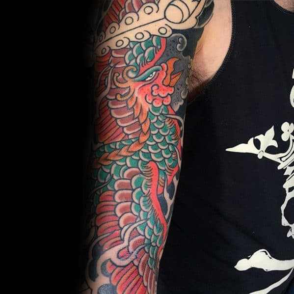 Old School Japanese Phoenix Guys Sleeve Tattoo Designs