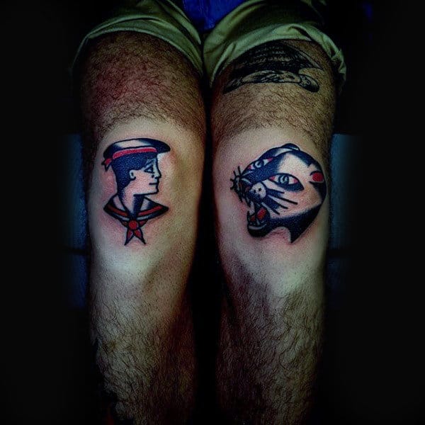 Old School Knee Tattoo Of Sailor And Jungle Cat On Man