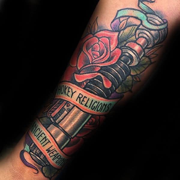Old School Lightsaber Guys Forearm Tattoo Design Inspiration