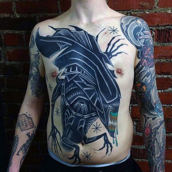 Old School Male Alien Full Chest Tattoo With Black Ink Design