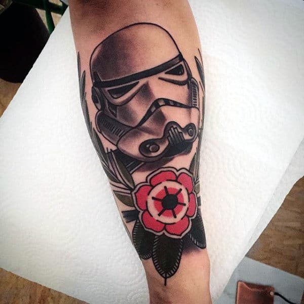 Old School Male Stormtrooper With Red Flower Inner Forearm Tattoos