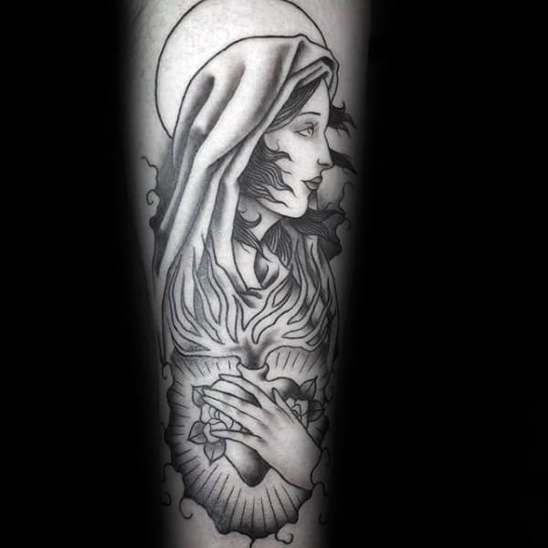 Old School Male Virgin Mary With Sacred Heart Tattoos