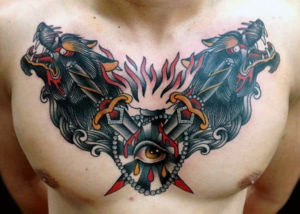Old School Mens All Seeing Eye Wolf And Dagger Chest Tattoo