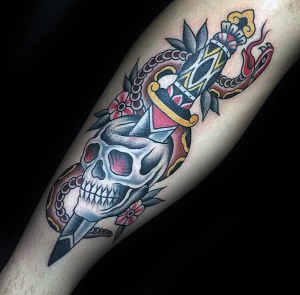 old-school-mens-dagger-snake-and-traditional-skull-forearm-tattoo-design