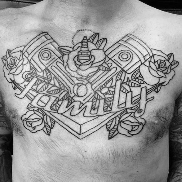Old School Mens Family Chevy Logo With Pistons And Rose Flowers Chest Tattoo