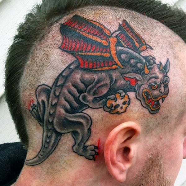 Old School Mens Gargoyle Head Tattoo