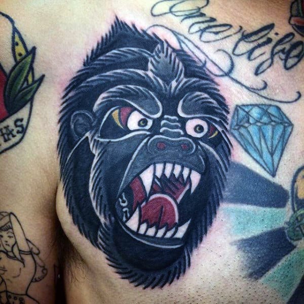 Art Immortal Tattoo  Tattoos  Animal  New traditional gorilla with gold  tooth tattoo on chest
