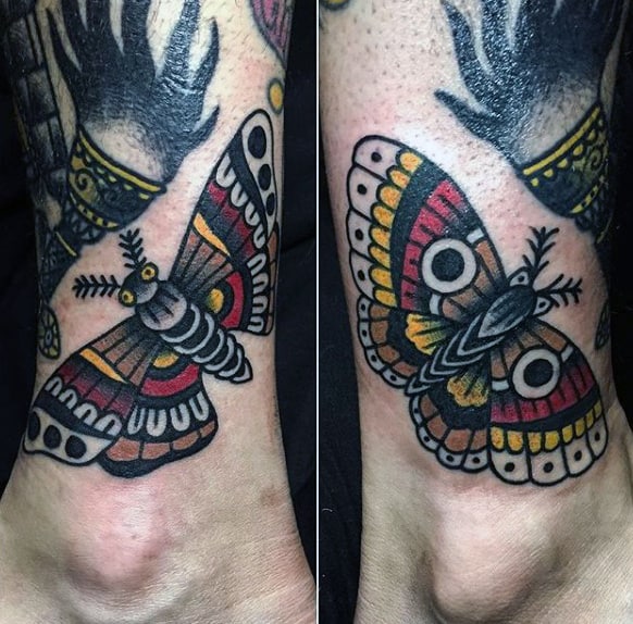 Old School Mens Moth Tattoo Above Ankle Of Leg