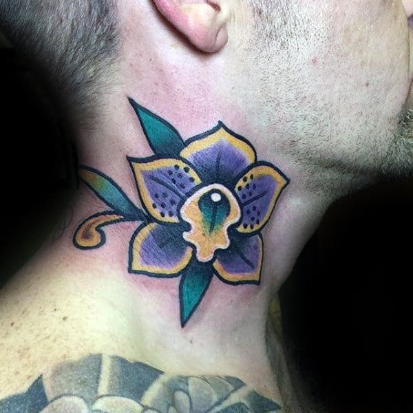 Old School Mens Purple And Yellow Ink Orchid Flower Neck Tattoo