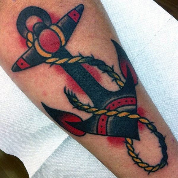 Old School Mens Red And Black Ink Traditional Anchor Forearm Tattoos