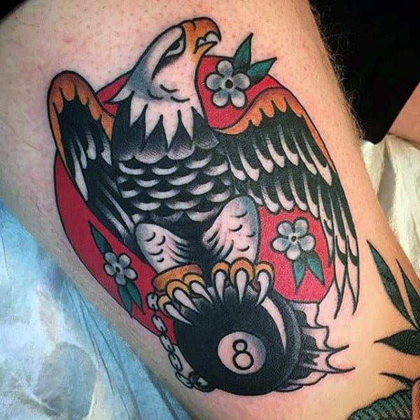 Old School Mens Thigh Bald Eagle With 8 Ball Tattoo Design