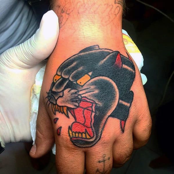 Old School Mens Traditional Panther Hand Tattoo