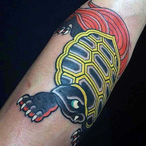 Old School Mens Turtle Tattoo On Forearm