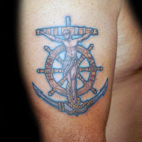Old School Mens Wooden Anchor Cross With Jesus Upper Arm Tattoo
