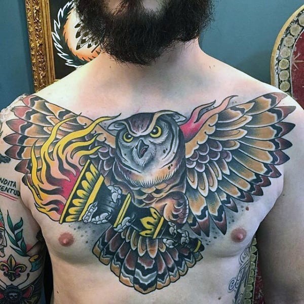 Old School Owl With Torch Mens Colorful Chest Tattoos
