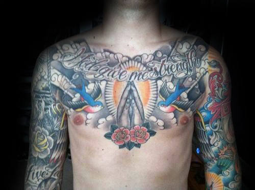 Old School Praying Hands Strength Mens Chest Tattoos