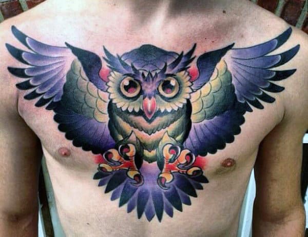 Old School Purple And Green Mens Owl Tattoo On Upper Chest