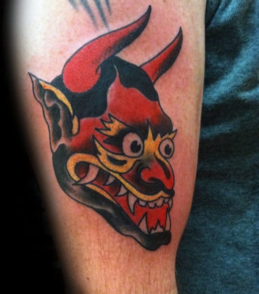Old School Red Traditional Devil Guys Outer Arm Tattoo