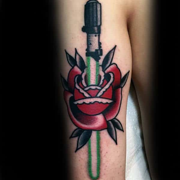 Old School Rose Flower With Lightsaber Tricep Tattoo On Man
