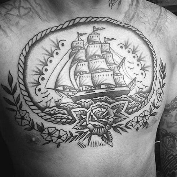 Old School Rose Flower With Sailing Ship Mens Traditional Tattoo On Chest