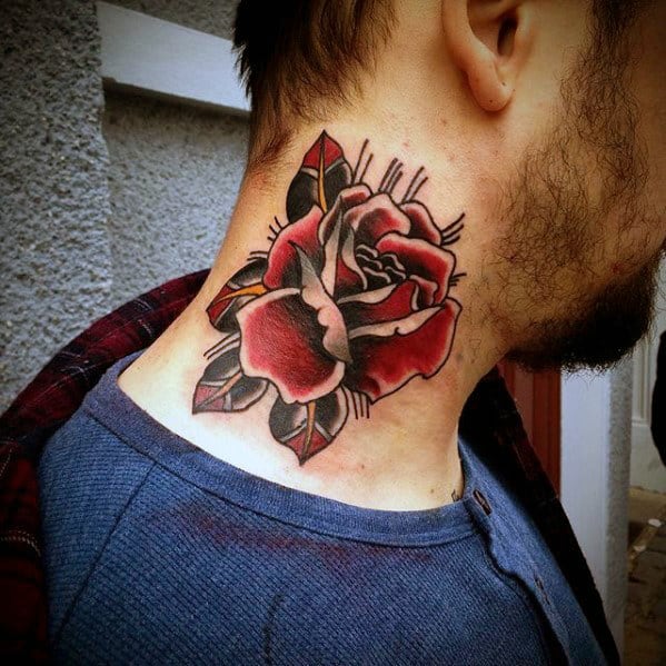 Old School Rose Flowre Guys Traditional Neck Tattoo