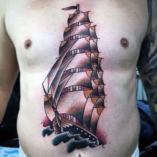 Old School Sailing Ship Mens Navy Tattoo Design Ideas On Chest