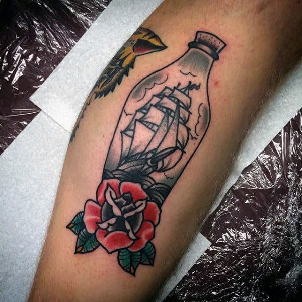 Old School Sailor Jerry Ship In A Bottle Tattoo For Men On Leg Calf With Red Rose Flower