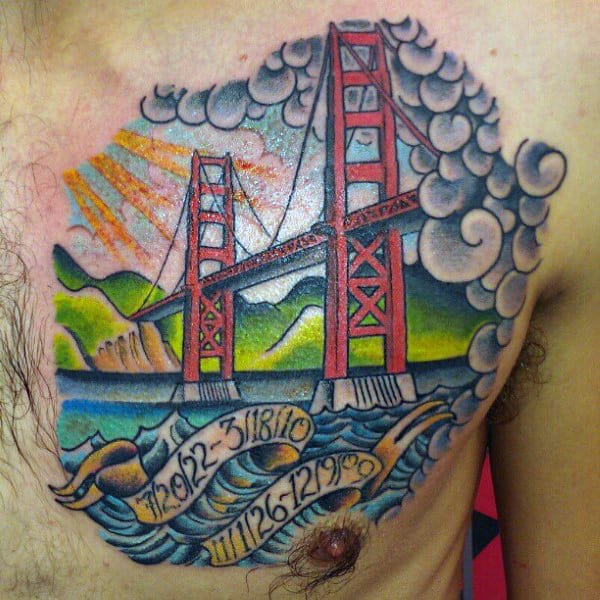 Old School San Francisco Golden Gate Bridge Mens Chest Tattoos
