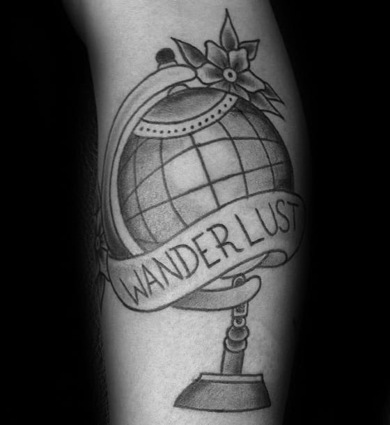 Old School Shaded Globe Wanderlust Banner Male Leg Tattoo Designs