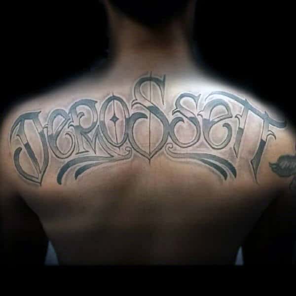 Old School Shaded Last Name Guys Back Tattoo