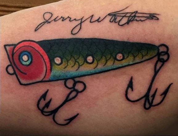 Old School Simple Outline Fish Hook Baitfish Tattoof For Men On Arm