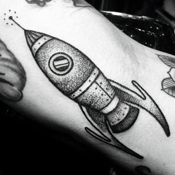 Old School Small Guys Rocket Ship Dotwork Outer Arm Tattoo