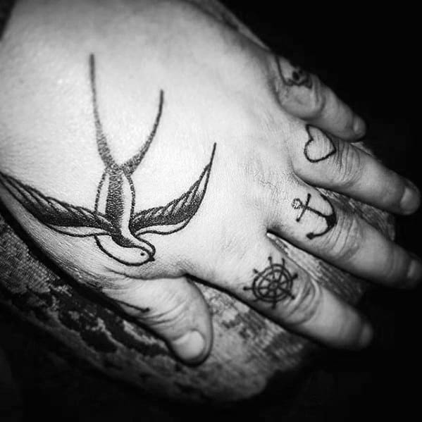 Old School Sparrow Simple Hand Tattoos For Males
