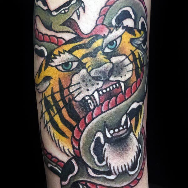 Old School Tiger With Snake Male Traditional Arm Tattoo Design Ideas