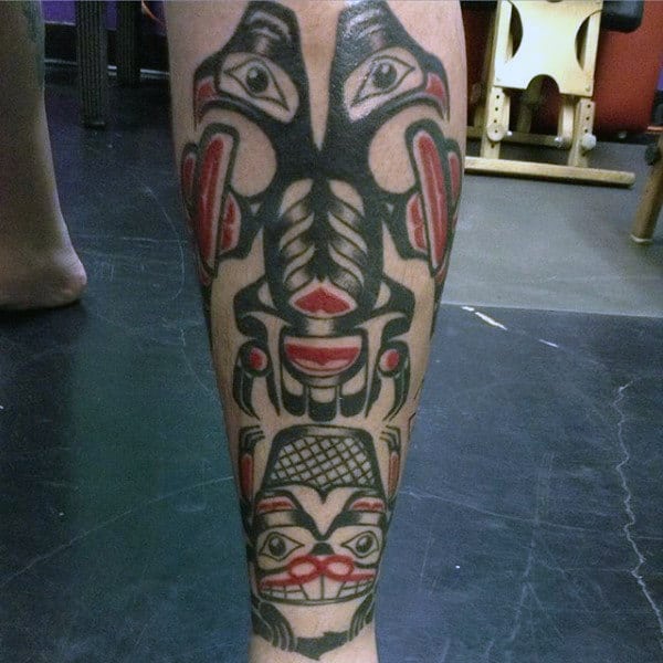 Old School Totem Pole Tattoo On Calf On Gentleman