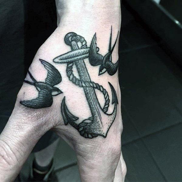 Old School Traditional Anchor With Sparrows Mens Small Hand Tattoo